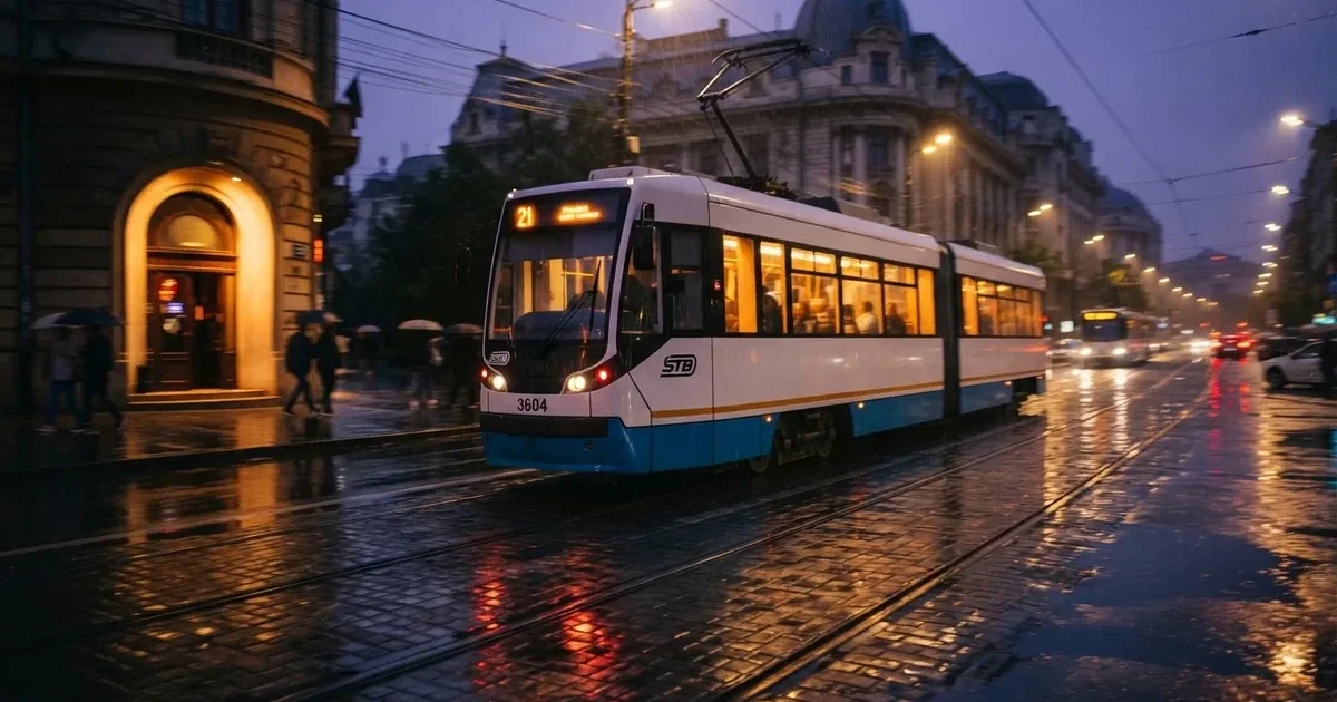 Un tramvai trecând repede pe o stradă udă, cu lumini estompate de mișcare — 100 lei depunere la cazinou în romania