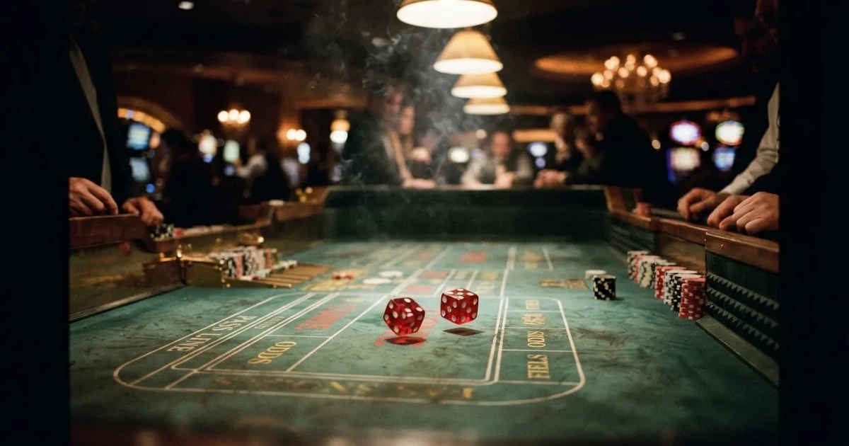 Zaruri roșii pe marginea unei mese de craps, sub o lumină verzuie — aparate de cazinou din românia