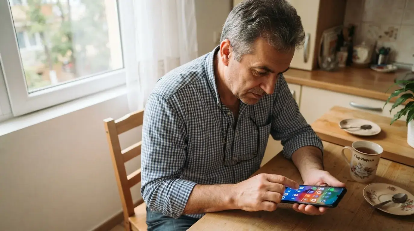 Bărbat stă pe un scaun de bucătărie și instalează o aplicație pe telefon, cu o expresie atentă, lângă fereastră.