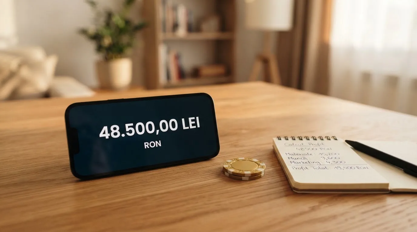 Smartphone așezat pe o masă de lemn lângă o monedă aurie și un calculator de buzunar, în lumina unei ferestre.