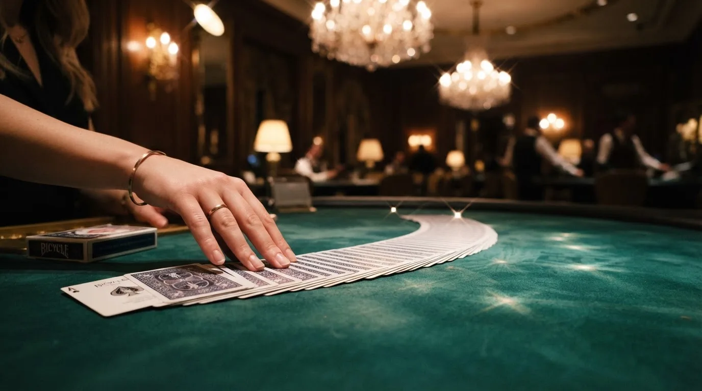 Mâinile unui crupier amestecă cărțile sub candelabrele unui cazinou elegant — blackjack reguli pentru români