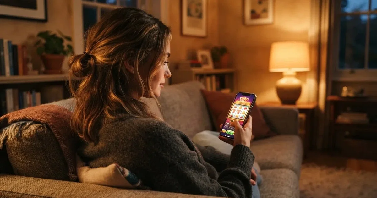 Femeie zâmbind relaxată pe canapea, cu telefonul în mână, pe care se văd simboluri colorate de păcănele, într-o cameră cu lumină caldă de seară.