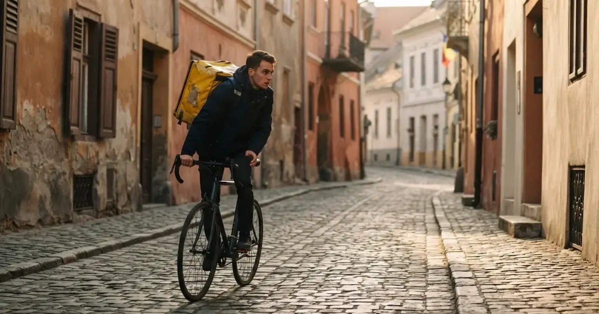 Un curier pe bicicletă cu rucsac galben pe o stradă pavată, în lumina dimineții — bune cazinouri în românia