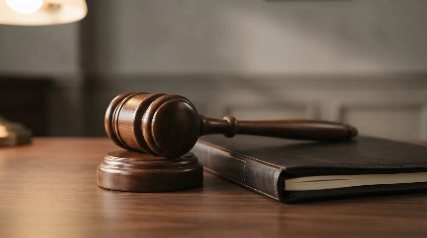 Un ciocan de judecător lângă un dosar de piele închis, pe o masă de nuc lustruit — bune cazinouri în românia