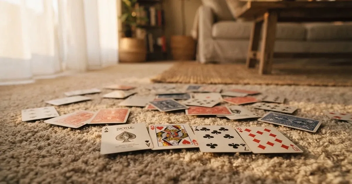 Un pachet de cărți de joc răspândit pe covorul unei camere de zi, într-o după-amiază liniștită — casino gratis în românia