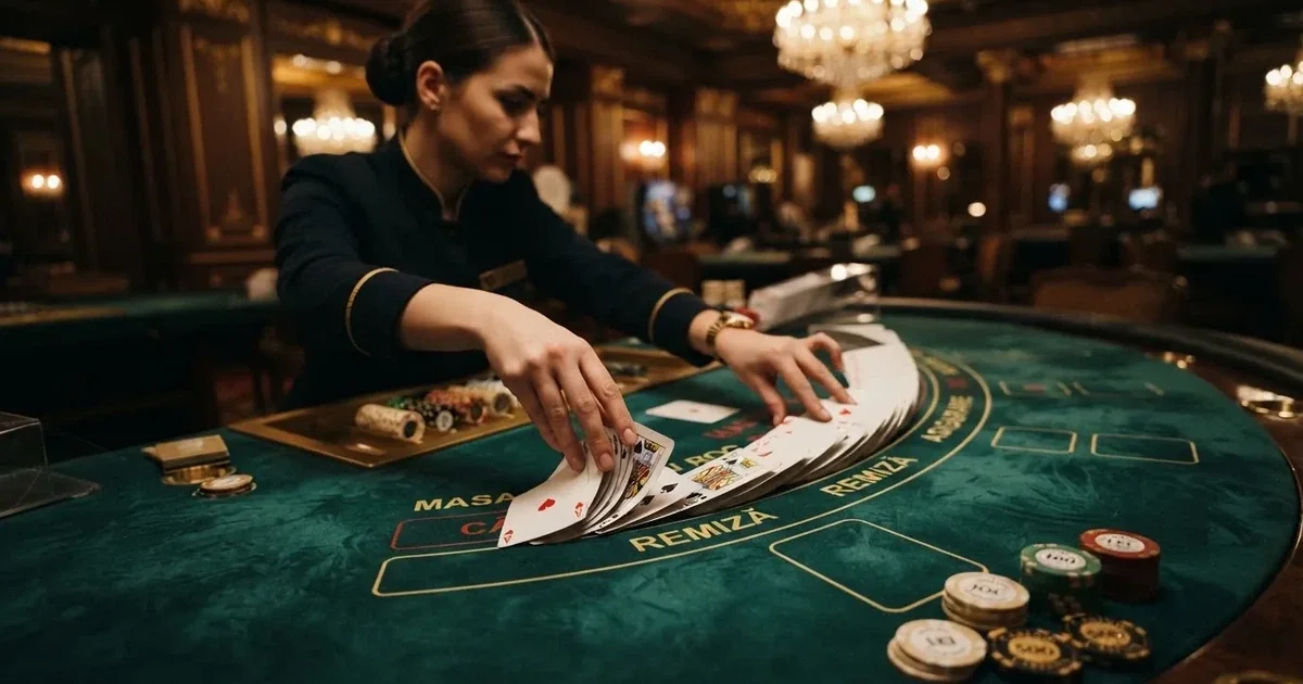 Mâinile unui crupier amestecă cărțile sub candelabrele unui cazinou elegant — casinouri online în romania