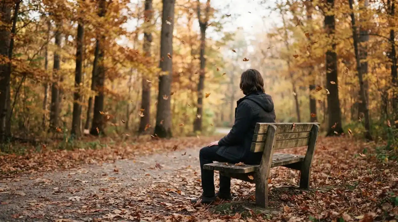 Un om pe o bancă din parc privește frunzele toamnei căzând, în lumină blândă — cazinouri fără licență în românia