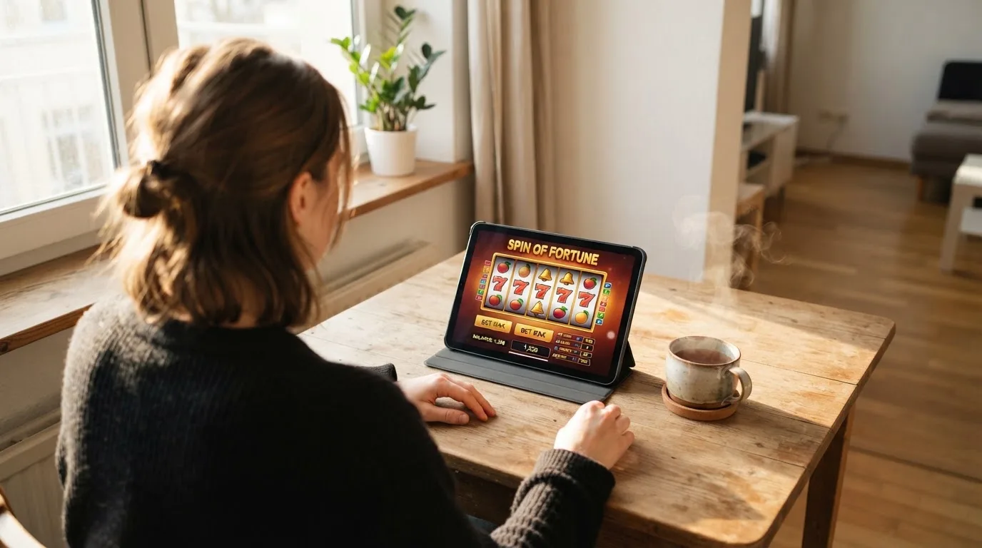 Adult tânăr stă la masa din sufragerie cu o tabletă în față și o cană de ceai, într-o cameră cu lumină naturală puternică.