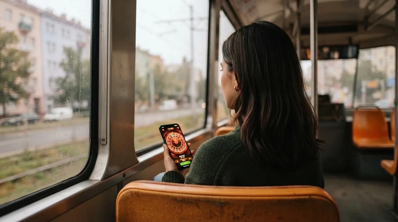 Tânără în tramvai ține telefonul cu ambele mâini și zâmbește, în timp ce afară se văd clădiri neclare în mișcare.