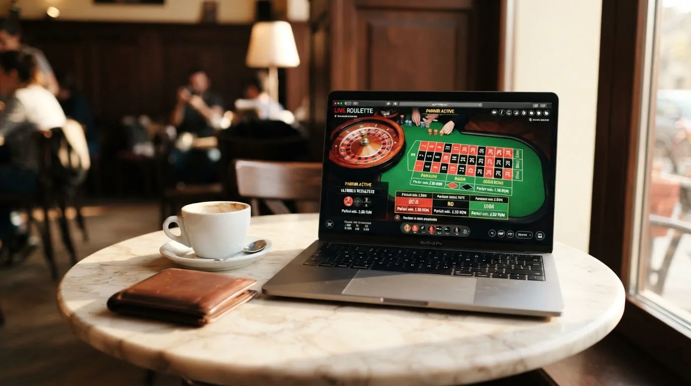 Laptop deschis pe o masă de cafenea, lângă un portofel de piele și o cană, cu lumina după-amiezii pe suprafața mesei.