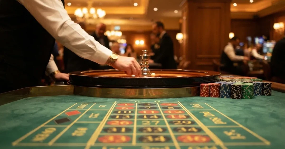 Un crupier în vestă neagră împarte cărți la o masă de blackjack, sub spoturi calde — jocuri de ruletă în română