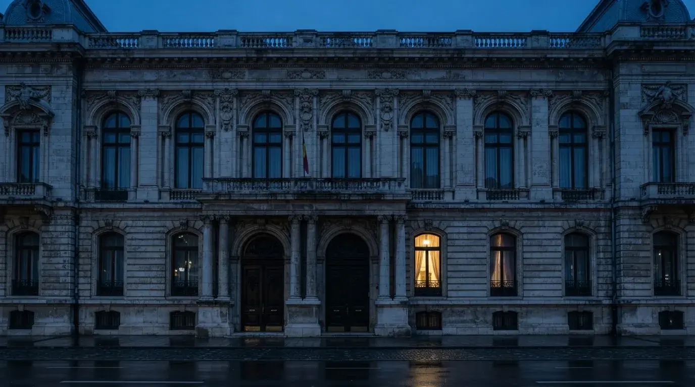 Fațada de piatră a unei clădiri guvernamentale din București, în lumina rece a zorilor — jocuri de ruletă în română